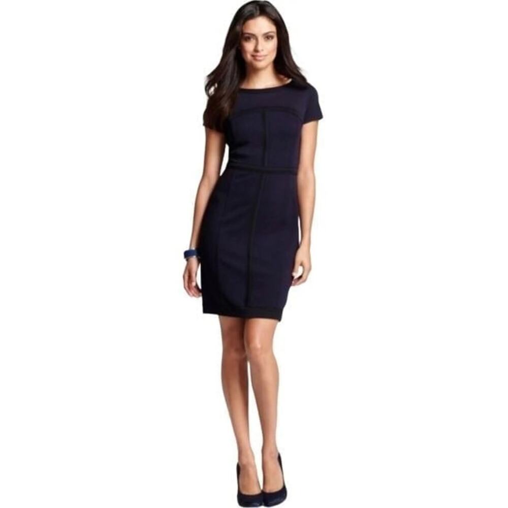 Ann Taylor Navy Crew Neck Short Sleeve Sheath Dress Size 10